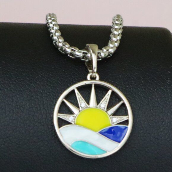 "Round Silver Pendant with Colorful Sun and Wave Enamel Design, XPPT1867 - Picture 1 of 13